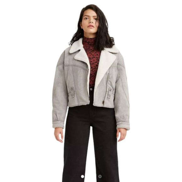 LEVI'S Romantic Biker Jacket Moto Cotton Denim Trucker Sherpa Lined Collar Women - Picture 1 of 10